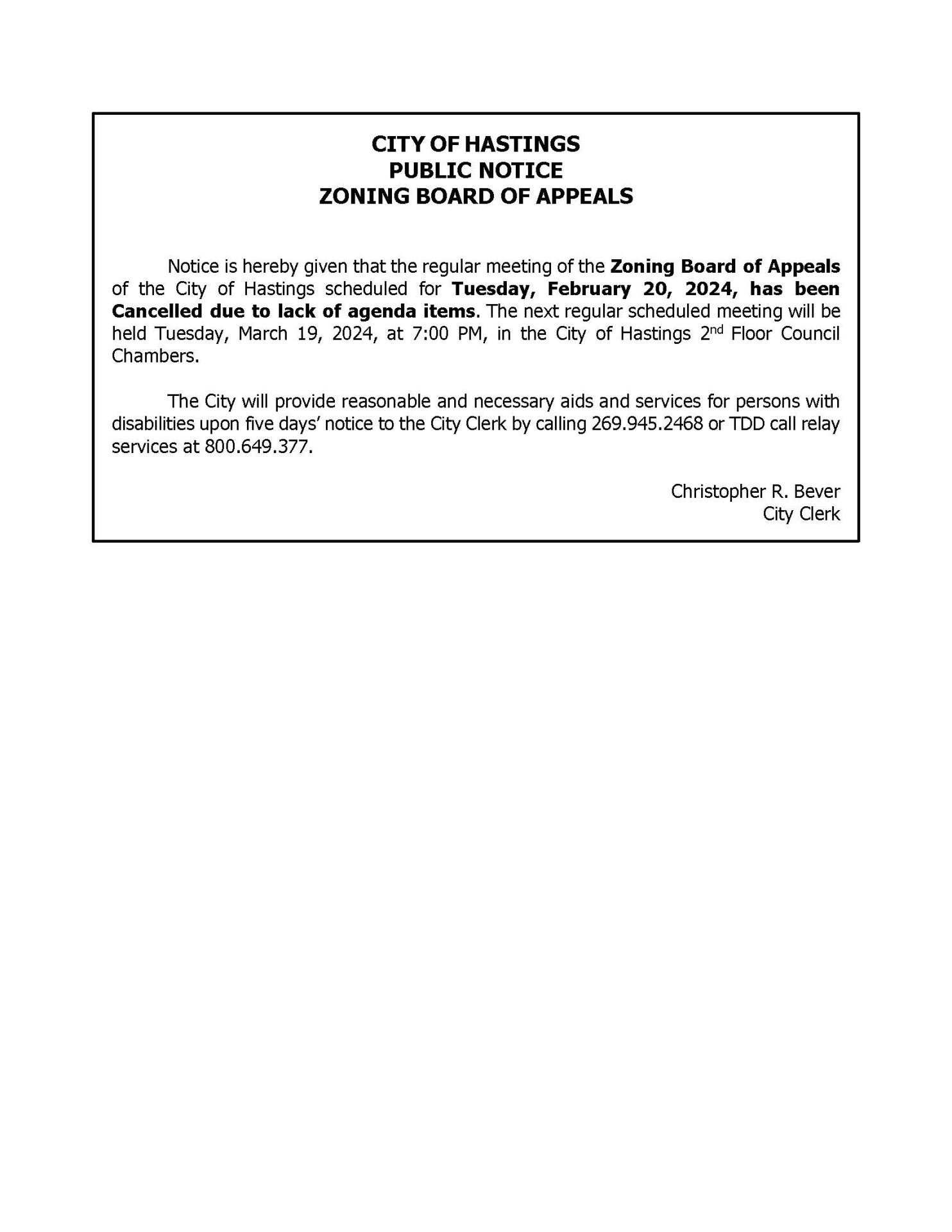 Zoning Board of Appeals City of Hastings