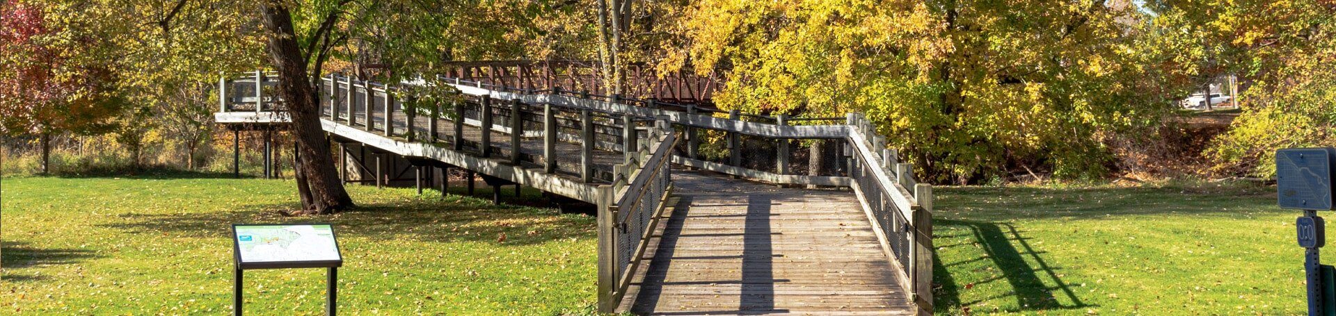 This is an image of a wooden walkway in Hastings Michigan